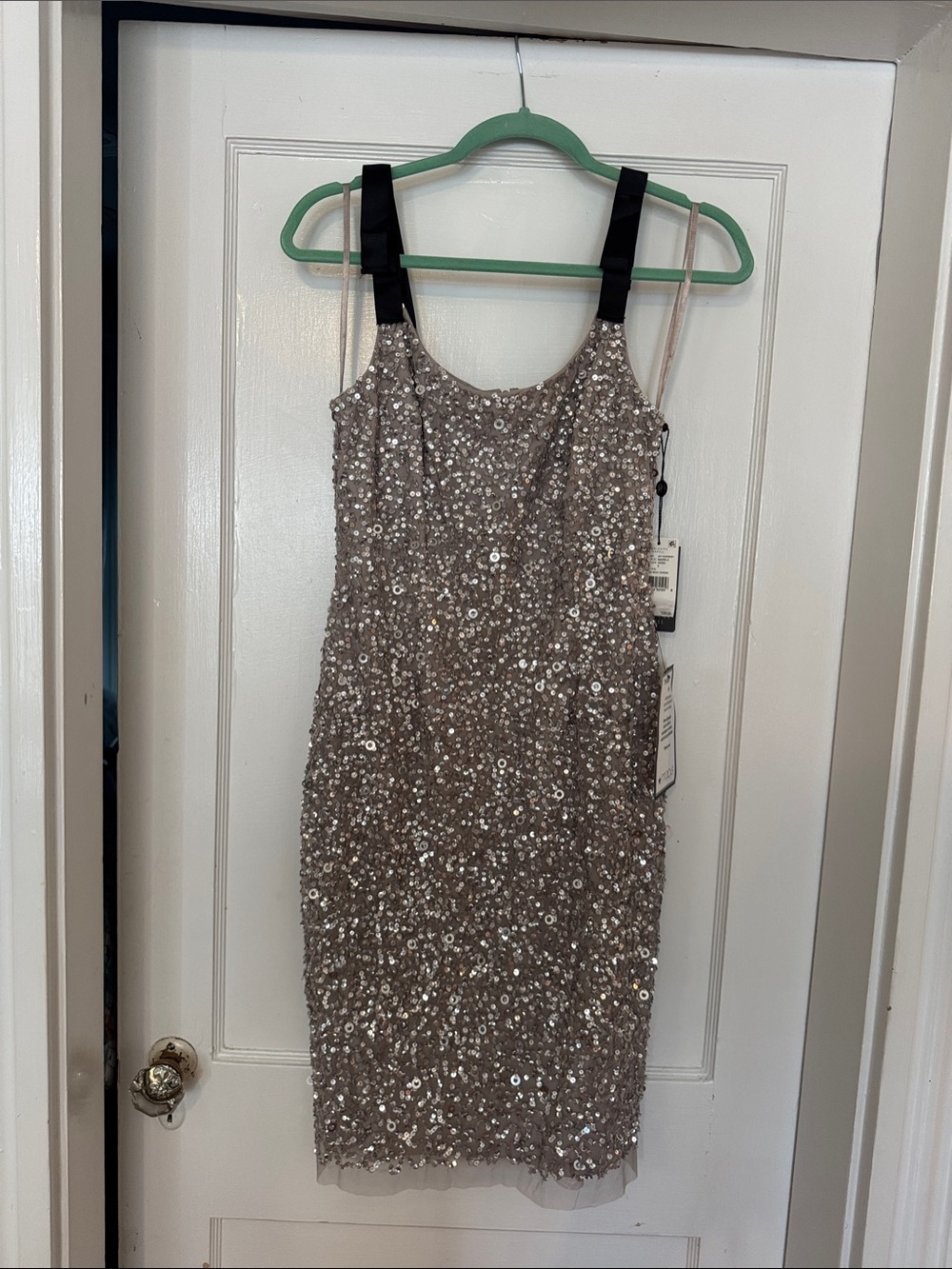 Adrianna Papell Silver Sequin Midi Dress with Black Straps